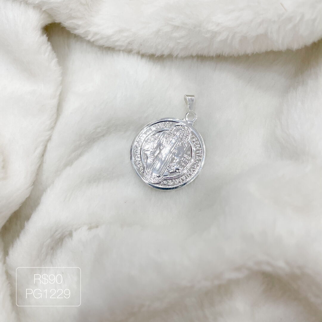 Pingente de São Bento 25mm Liso Prateado